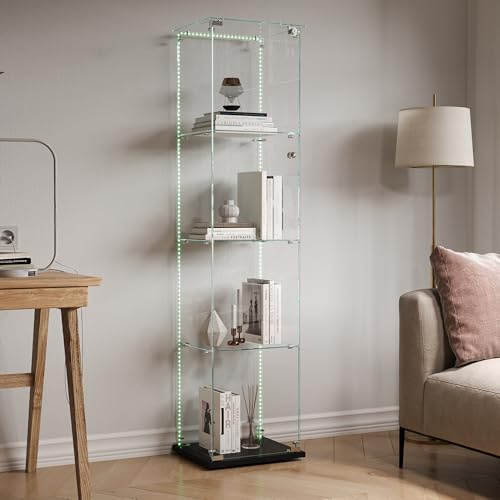 MASAJIA Vetrina in vetro con 4 ripiani e illuminazione a LED, sottile vetrina in vetro, 163 x 39 x 35 cm, per oggetti da collezione, soggiorno e ufficio