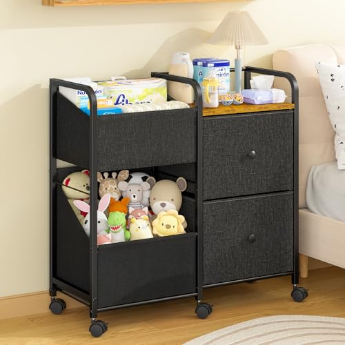 Baby Diaper Caddy Organizer Cart with Wheels, 2 Tier Rolling Cart with Dividers and Drawers, Mobile Utility Cart Bedside for Nursery, Bedroom, Baby Newborn Essentials Storage Cart, Black