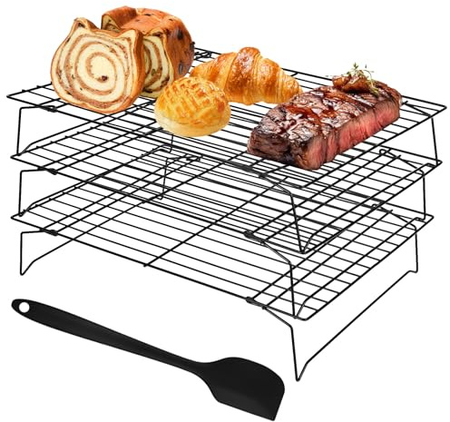 DMJJSD Grille de refroidissement à gâteau à 3 étages - 34 x 24 x 7 cm - Passe au four et au lave-vaisselle - Antiadhésive - Grille de refroidissement empilable pour rôtir, griller, refroidir