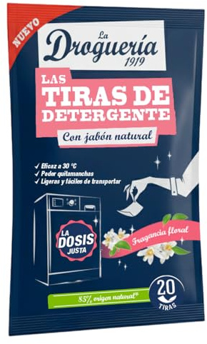 LA DROGUERÍA - Detergente en Tiras para Lavadora (20 lavados). 85% Ingredientes Naturales. 100% libre de plásticos. 100% hidrosolubles. Ropa Limpia cuidando el planeta. Fragancia Floral.
