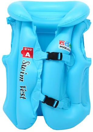 Inflatable Kids Swim Vest Life Jacket, Orange, PVC, Dual Buckle, Head Protection, Multiple Independent Airbags(Blue,Large)