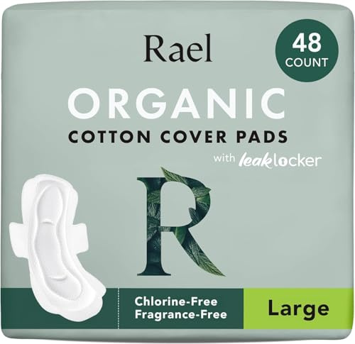 Rael Compresas con Alas de Funda de Algodón Orgánico - Menstruales, Postparto, Ultrafinas, Sin Fragancia, Sin Cloro, Veganas, Libres de Crueldad (Grande, 48 Unidades)
