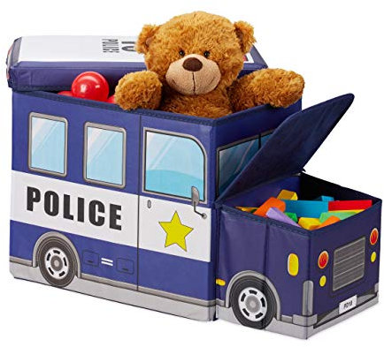 Relaxdays Sgabello Bambini Contenitore Giocattoli con Scomparto, Pieghevole, Furgone della Polizia 50 l, Blu Scuro