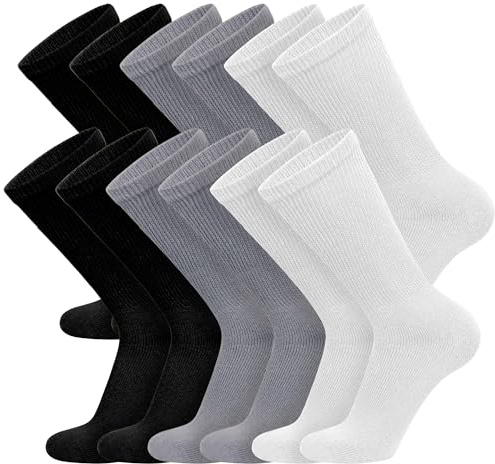 Big and Tall Diabetic Cotton Crew Socks, King Size Mens Athletic Crew Socks (13-16, Black/Gray/White) - 12 pairs
