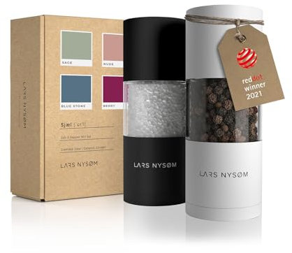 LARS NYSØM Salt and Pepper Grinder Set, Manual Salt and Pepper Mills with Adjustable Ceramic Grinder, Design Spice Shaker Set (Black/White)