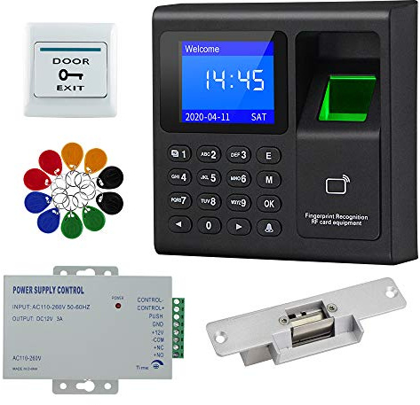 FTSTech Kit Controllo Accessi RFID con Tastierino Numerico Apriporta, Tastiera Codice per Presenze, Serratura Elettrica NC, Pulsante Uscita, 10 Portachiavi ID e Alimentatore 12V
