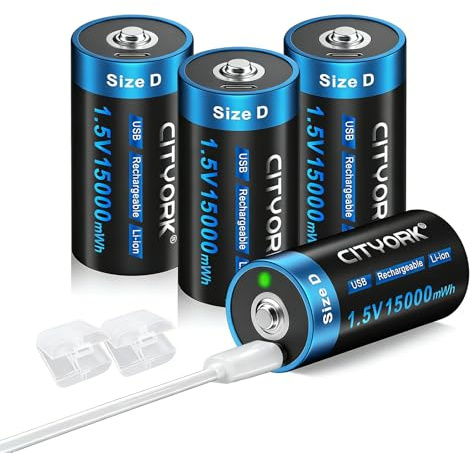 CITYORK Rechargeable D Batteries 4 Pack, Battery Charger