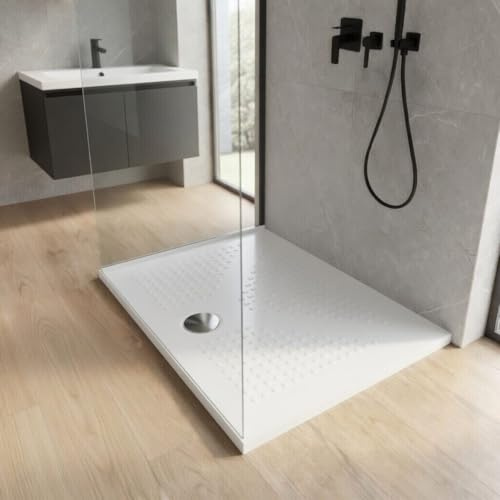 Kiamami Valentina - Piatto Doccia 80x100 Slim in Ceramica Bianca Antiscivolo H3 cm Rettangolare Senza Bordo Rialzato Installazione Filo Pavimento o Appoggio | Delfino