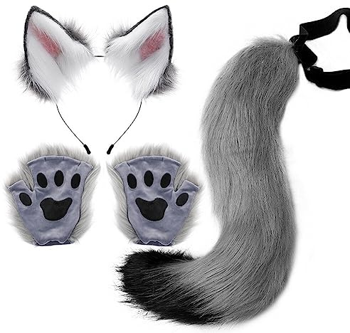 Bakermiche Fuskpäls räv kattöron pannband svans handskar set – söt kattkostym lurviga öron och svans och tassar djurkostym fin utklädnad halloween jul karneval cosplay scenutklädning