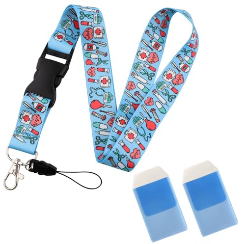 PACK Lanyard Enfermera + Protector Bolsillo, Cuelga Llaves Cuello, Colgante Tarjetas De Identificación Para Enfermeras, Cinta Llaves Cuello, Regalos Originales Para Enfermeras, Sanitarios (Azul)