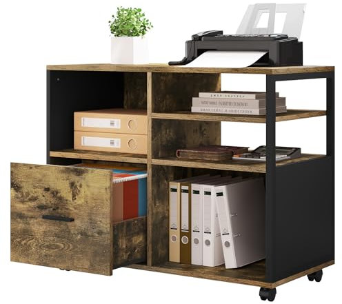 WOLTU Aktenschrank, Rollcontainer mit Schublade, Büroschrank auf Rollen, Rollschrank, Bürocontainer, mit offenen Fächern, für Zuhause oder Büro, Vintage Braun