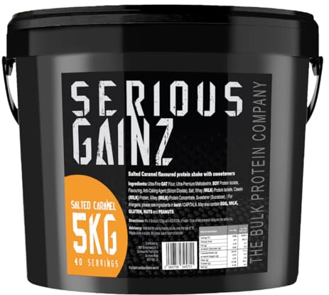 SERIOUS Gainz, 5kg (40 Servings) – Mass Gainer Protein Powder, ~27g Protein, ~460 Calories, ~74g Carbs – Weight Gainer Shake with Whey Isolate & Oat Flour – Post-Workout Recovery – Salted Caramel