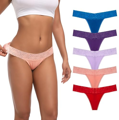 Auithery Tangas para Mujer, Sexy, de Encaje, de algodón, cómodas, Suaves, Tangas de Tanga, Tallas XS-4XL, Paquete de 5, 5 Tangas de algodón de Encaje Brillante, L