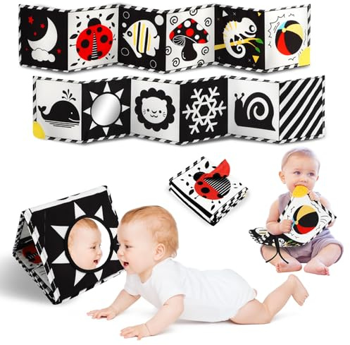 Tummy Time Toys, High Contrast Baby Book with Mirror & Teether, Black and White Infant Books, 0-6-12 Months Soft Book for Newborn, Sensory Books, Tummy Time Car Seat Toys 0-6 Month Boy Girl Gift
