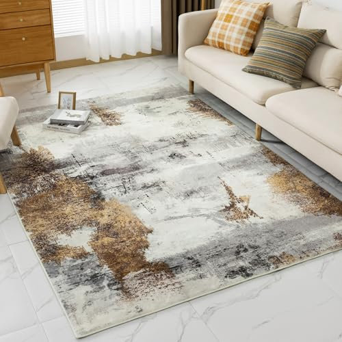 VK·LIVING Area Rug Abstract 16mm Thick Rugs Modern Soft Faux Non-Slip Living Room Rug Medium Pile Carpet for Living Room Bedroom Office Easy to Clean Golden Grey 120X170CM