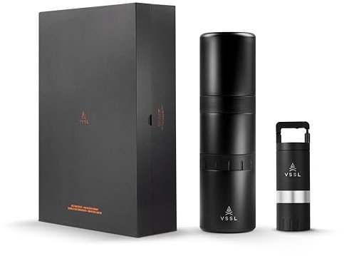 VSSL Java Manual Coffee Grinder Gift Set, 25 Gram Capacity, with Pour over Coffee Dripper, Two 10 oz Mugs, Lid, and Storage Connector, Black
