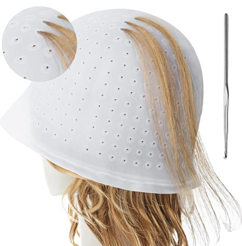 Silicone Highlighting Hair Cap, Reusable Highlight Hat with Hook, Hairdressing Dyeing Staining Tools Kit