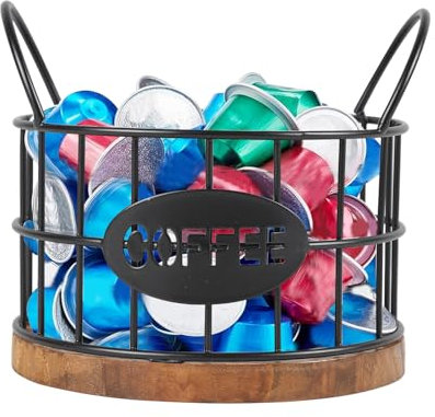 Gzsekken Coffee Pod Holder,Coffee Storage Basket for Counter Small Coffee Pod Holder with Wooden Base,Black Wire Pods & Espresso Capsules Holder,Bar Station Organizer 13cm x 13.5cm