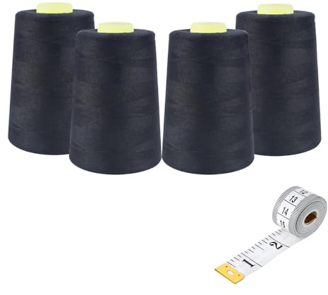 Zythrem Overlocker Thread 4 x 5000 Yards Black Sewing Threads All Purpose Overlocking Sewing Machine Polyester Thread with Measuring Tape for Machine/Hand Sewing/Hand Quilting