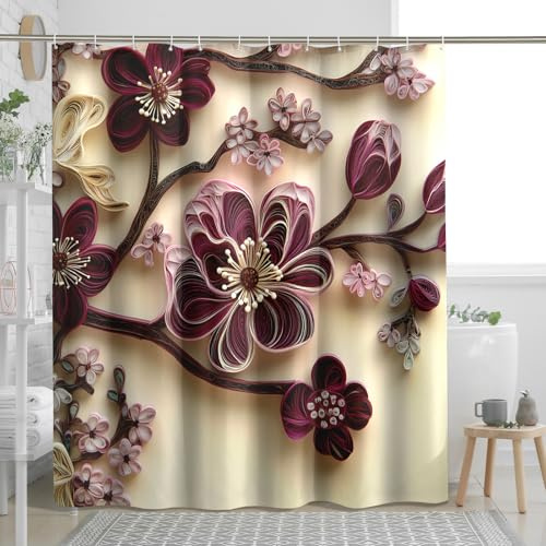 DESIHOM Paper Quilling Art Plum Bossom Shower Curtain Set 72 W x 78 L, 3D Flower Bathroom Decor, Modern Floral Printed Fabric Bath Accessories