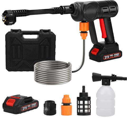 Akku Hochdruckreiniger Auto, 30Bar Tragbarer Kabelloser Hochdruckreiniger Pistole mit 5-in-1 Verstellbarer Düse und 180° Drehbare, 24V Mobiler Hochdruckreiniger Autowäsche für Auto, Pool (Eine Akk)