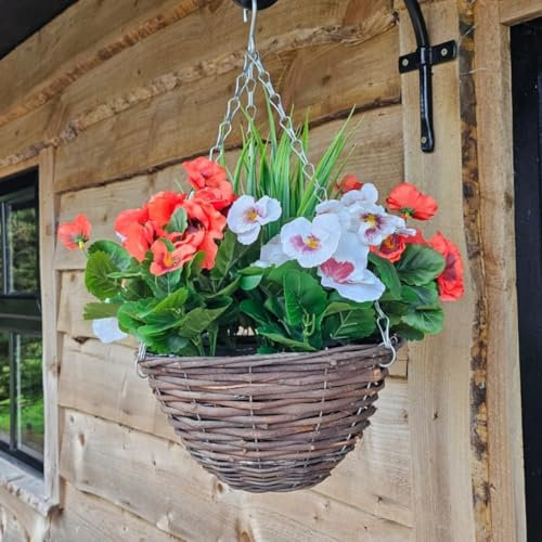 Best Artificial Panier en rotin avec pensées de 30 cm - Pour extérieur, intérieur et jardin - Rouge et blanc