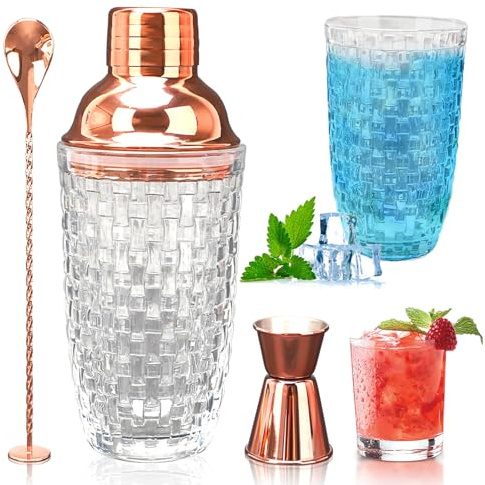 LUPATDY Set di shaker da cocktail in vetro, da 400 ml, con misurino e pala, in acciaio inox, per casa, bar, vino, succhi di frutta misti, bevande, oro rosa