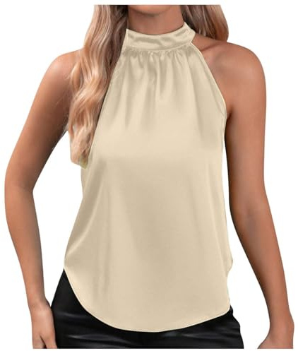 Top amarillo de satén de seda para mujer, informal, sin mangas, con cuello alto, dobladillo redondeado para el verano, camisa ligera y elegante, protección renal