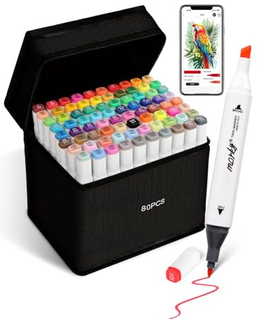 Brled Lot de 80 marqueurs à alcool avec application gratuite, marqueurs à pointe biseautée et pointe fine pour adultes, marqueurs à base d'alcool pour artistes, marqueurs d'art pour peinture