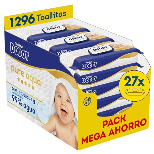 Dodot Toallitas Pure Aqua Para Bebé, 1296 Toallitas (9 Packs de 48 Unidades, Paquete de 3), Ayuda A Restaurar El PH Natural De La Piel, 99% Agua, Sin plástico