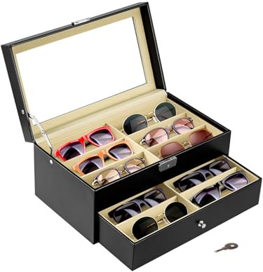 Glasses Case, 12 Piece Sunglasses Organizer Storage Box Leather Eyeglasses Storage and Display Case Eyeglasses Eyewear Organizer with Lock for Women and Men