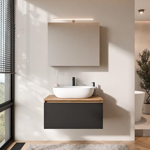 Planetmöbel - Set di mobili da bagno Arisa, composto da mobile sotto-lavabo da 80 cm in oro, rovere nero con armadio a specchio ARIA, lavabo da 60 cm bianco, incluso sifone salvaspazio