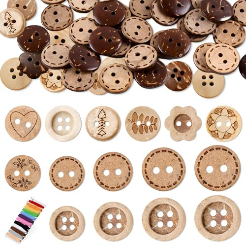 YiiHHooN 150 Piezas Botones de Coco, 5 Tamaños Botones de Madera Vintage con Hilo de Bordar, Botones de Cáscara de Coco para Coser y Manualidades para Chaquetas de Punto DIY