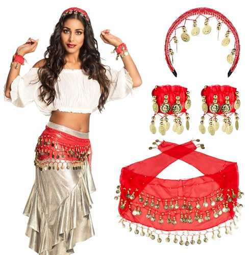 Boland 00458 - Gypsy Set Rot, Haarreif, Armband, Hüft-Tuch, Bauchtanz, Gold, Münzen, Perlen, Hüftschwung, Tanz, Karneval, Halloween, Fasching, Mottoparty, Verkleidung, Theater, Accessoire