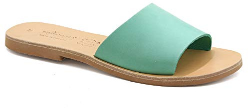 Emmanuela grekiska handgjorda platta lädersandaler, kvalitet enkla sandaler, högkvalitativa sommarskor för kvinnor, slide sandaler med öppna tår, Minegrön, 39 EU