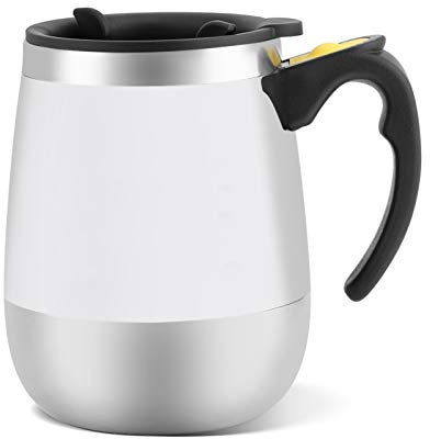 Tyenaza Selbstrührender Kaffeebecher aus Edelstahl, Selbstrührender Becher Elektrischer magnetischer Edelstahl Mischbecher automatischer Mixbecher für Kaffee Tee heiße Schokolade(Weiß)