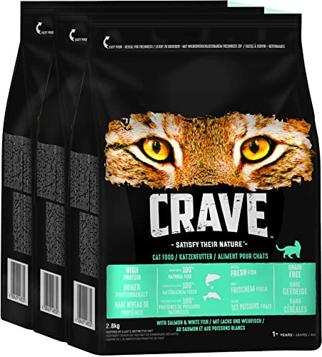 Crave Premium Trockenfutter mit Lachs & Weißfisch für Katzen – Getreidefreies Adult Katzenfutter mit hohem Proteingehalt –3 x 2,8 kg