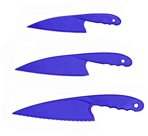 Cheeroyal Set di coltelli da cucina in plastica da 3 pezzi, coltelli da cucina in nylon colorati sicuri per bambini, per insalate di lattuga, torte o frutta (blue)