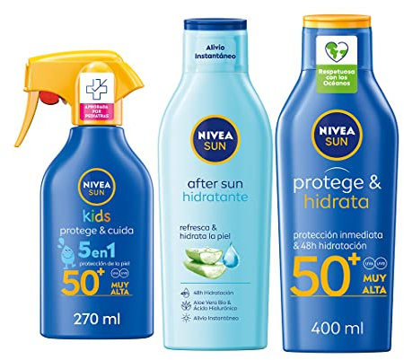 NIVEA SUN Protege & Hidrata Leche Solar FP50+ (1 x 400 ml) + Spray para Niños Protege & Juega FP50 (1 x 270 ml) + After Sun Loción Hidratante (1 x 400 ml)