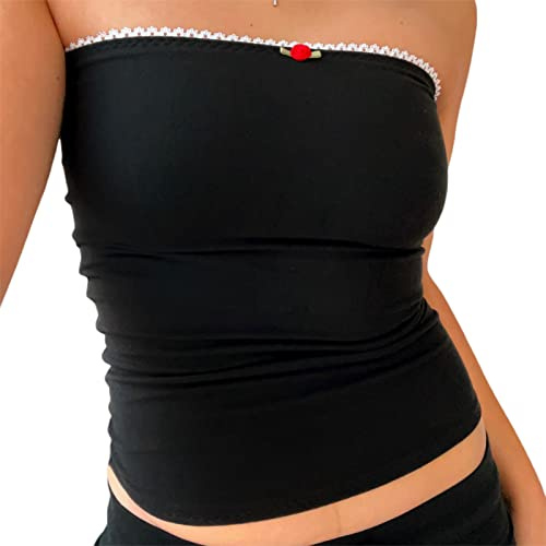 XIXIMAON Y2k Bandeau Tube Top Femme Haut Dos Nu Sexy Tee Shirt Bustier sans Bretelles Débardeur Été Camisole Dentelle Patchwork Tunique sans Manches (Noir, M)