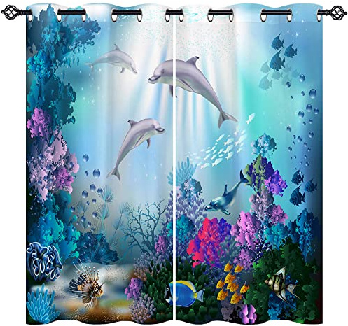 ANHOPE Underwater Dolphin Blackout Curtains Eyelet 46 x 54 Inch 2 Panels | Soft Polyester, Tropical Fish Ocean Sea World Print, Thermal Insulation, Printed Window Drapes for Bedroom Living Room
