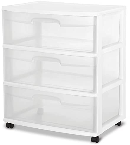 Plastic Storage Drawer Cart, Medium Home Organization Storage Container with 3 Large Clear Drawers With Wheels (WHITE)