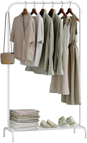 Hzuaneri Kleiderständer, Freistehende Kleiderstange, Garderobe, Hochregal, Haken, Schuhregal, Schuhaufbewahrungsregal, Heim-Schlafzimmer-Trockengestell, 40 × 90 × 160cm, Weiß GR33999W