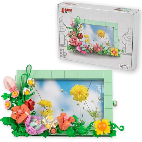 Game of Bricks 336 PCS Cadre Photo Blocs de Construction, Ornement en Briques Plastiques avec Fleurs, Set de Jardin pour Adultes et Enfants, Décoration d'Intérieur, pour Épouse ou Époux