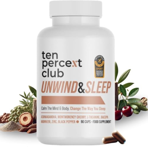 Ten Percent Club Unwind & Sleep, Mushroom Complex for Stress & Rest — Natural Sleeping Aid, Ashwagandha, L-Theanine, Zinc Capsules, Deep Relaxation & Nighttime Recovery Support - 90 Capsules