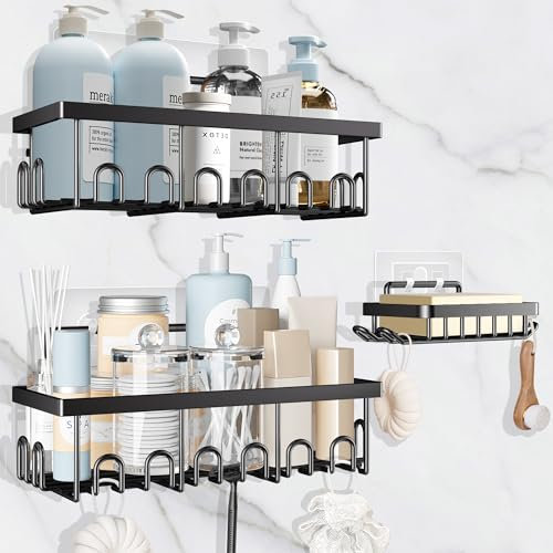 KIAMXNE Rustproof Shower Caddy,Bathroom Shelf Organiser No Drilling Shower Shelf,Adhesive Shower Storage Rack with Soap Holder and Hooks,Bathroom Storage Accessory,Bathroom Shower Organiser (3 Packs)