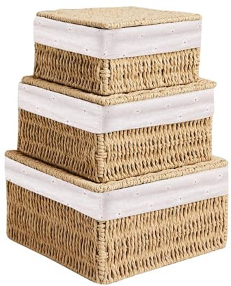 KUWUNG Lot de 3 corbeilles avec couvercle, 3 tailles, panier de rangement tressé en corde de papier, panier de rangement avec doublure pour salle de bain, maquillage, dessus de table, armoire