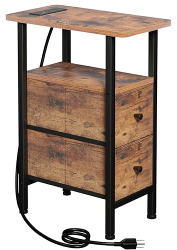 LOAKEKEL Narrow End Table Living Room with Charging Station, Skinny Side Table with Fabric Drawers, Slim Nightstand for Bedroom, Small Spaces, Couch, Rustic Brown, HETNDP02PBR-1