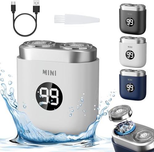 Mini Rasierer Herren Elektrisch, IPX7 Wasserdichter Elektrischer Rasierer Herren, Elektrorasierer Herren 2 in 1 Kabellos Rotationsrasierer für Gesicht Nass und Trockenrasierer (Weiß)