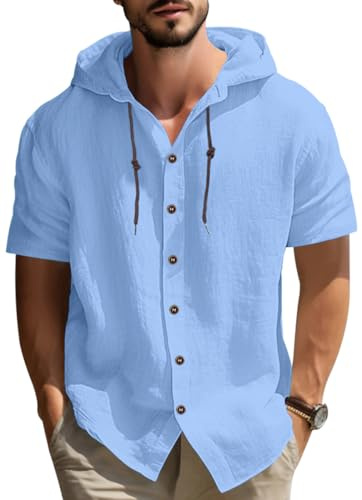 MEDUOLA Camisa de Manga Corta de Lino para Hombre,Cuello con Capucha,Diseño Ligero y Transpirable para Verano,Estilo Casual y Modern